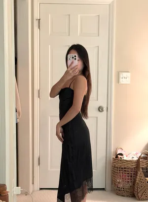 Black Slip Mini Dress with Lace Hem thumbnail 4