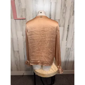 SHEIN Champagne Gold Satin Ruffle Blouse Womens Size Large L Long Balloon Sleeve thumbnail 3