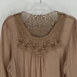 MAD STYLE Womens Boho Blouse Large Brown Crochet Lace Sheer Peasant Top Festival thumbnail 3