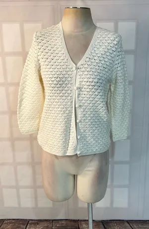 Lauren Ralph Lauren White Exclusive Hand Knit V-Neck Cardigan Petite Medium thumbnail 1