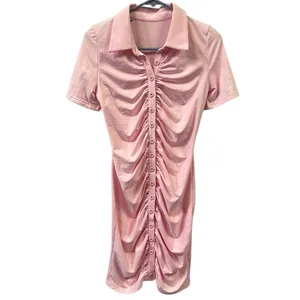 Source Unknown Pink Ruched Bodycon Full Button Front Short Sleeve Mini Dress Womens Small thumbnail 7