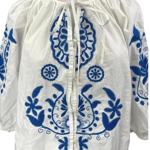 H&M White Blue Floral Paisley Embroidered Half Sleeve Button Down Blouse Top L thumbnail 3