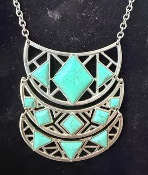 Silver Tone Faux Turquoise Articulated Bib Necklace Geometric Western Festival thumbnail 1