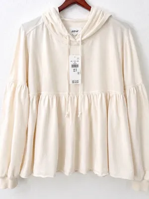NWT Aerie Peplum Hoodie medium Ivory Oversized 100% Cotton Balloon Sleeve thumbnail 1
