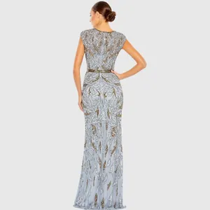Mac Duggal 6 Silver Gray Gold Beaded Illusion Cap Sleeve Column Gown Maxi Dress thumbnail 5