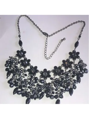 Gunmetal Gray Dark Black Metal Floral Beaded Boho Statement Necklace thumbnail 4