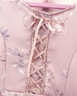 Japanese Kawaii Gyaru Harujuku Bow Lilac Floral Rose Lace-up Ruffle Mini Dress thumbnail 4