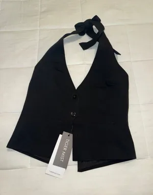 NWT Tiger Mist Black Halter Buttoned Top thumbnail 1