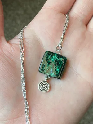 Handmade hippie funky fairy boho style green square glass bead & Swirl charm unisex necklace🟩🌳🍃🌀 thumbnail 5