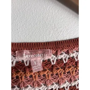 Boutique Boho Crochet Knit Sweater Large Rust Stripe Cotton V Neck thumbnail 2