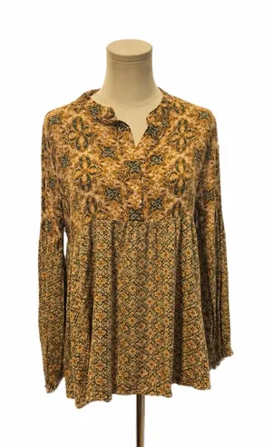 Easel Boho Mixed Print Babydoll Tunic Top Size Medium Brown Olive Mustard thumbnail 1