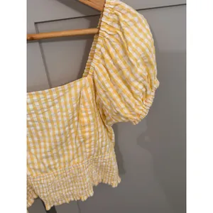 Yellow‎ Gingham Puff Sleeve Crop Top Cotton Smocked Lace Up Back Blouse Womens thumbnail 3