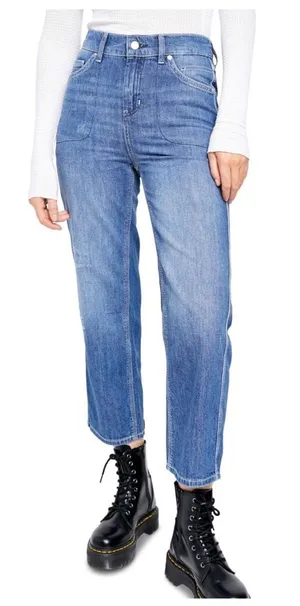 Free People Chloe Baby Barrel Jeans‎ Women XS Blue Boho Elastic Back Distress thumbnail 1