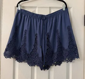 Anthropologie Elevenses Navy Blue Lace Drawstring Linen Shorts Size XL thumbnail 1