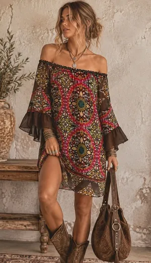 Mini Dress Off Shoulder L Bell Sleeve Paisley Sheer Boho Festival Hippie Gypsy thumbnail 1