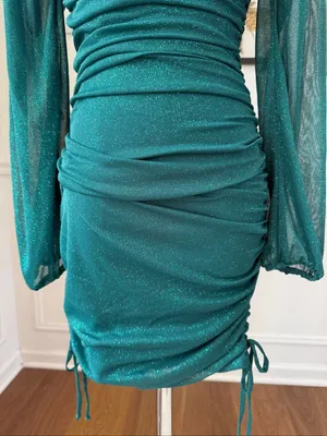 Vintage Y2K Jump Apparel Green Glitter Ruched Long Sleeve Mini Dress XS thumbnail 5