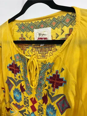 Biya Johnny Was golden Yellow Embroidered Boho long sleeve Top L blouse geometri thumbnail 10