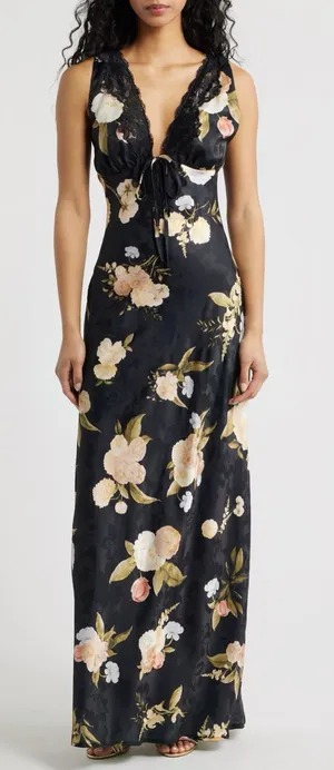 Lulus Judith Floral Jacquard Satin Lace Maxi Slip Dress Black XS NWT $110 thumbnail 1