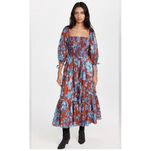 Cara Cara Jazzy Floral Smocked Maxi Dress Puff Sleeve Orange Blue Size Medium thumbnail 15