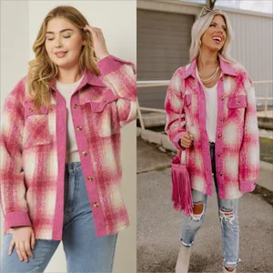 Entro Plaid Shacket Size XL Pink Corduroy Trim Button Front thumbnail 2