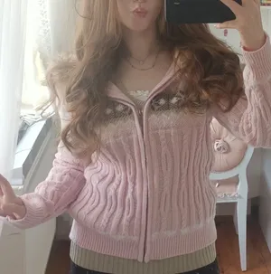 Pink & white knit zip-up sweater - soft & cozy #cottagevibes thumbnail 1