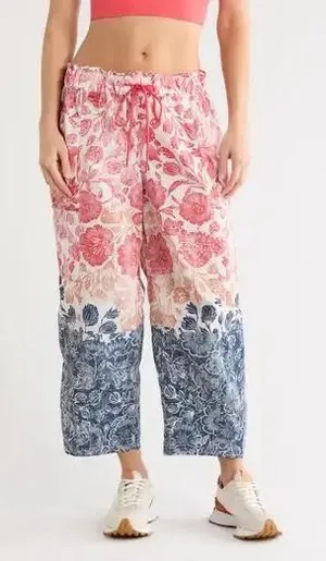 Free People FP Movement Floral Pants Womens XL Red Blue Wide Leg Cropped Boho thumbnail 1
