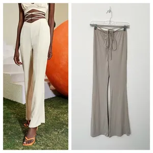 [TRESSER] Tan Criss Cross Tie Waist Ruched Low Rise Flare Leg Pants Size Small S thumbnail 2