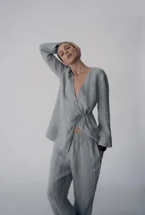 NWOT Zara 100% Linen Kimono Co Ord Matching Set Flowing Trousers wrap top gauze sz M thumbnail 2