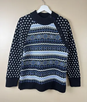 T by Talbots Fair Isle Thermolite Snap Mockneck Sweater Black/Blue Womens M NWOT thumbnail 1