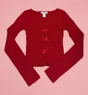 RSQ Red Square Neck Ribbed Long Sleeve Bow‎ Top Size Small thumbnail 1