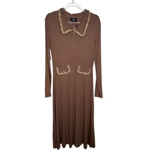 Cider 2020s Brown Ribbed Midi Dress Gold Trim Stretch NWT Large thumbnail 2