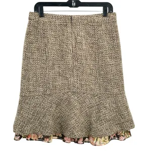 Ann Taylor Loft Women Tweed Texture Flounce Skirt Brown Floral Hem Accent Size 8 Wool Blend thumbnail 2