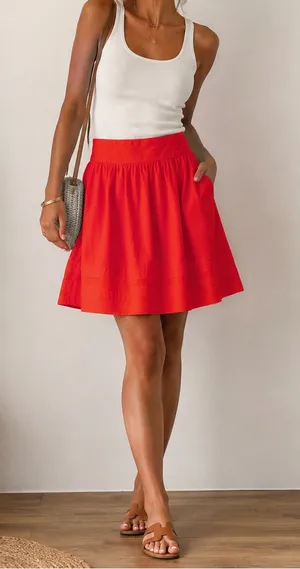 Bright Red Circle Skirt with Elastic Waist thumbnail 1
