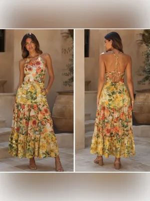 Pilcro Floral Tiered Maxi Dress - Yellow & Coral & Blue size medium thumbnail 2