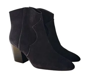 ZARA Womens Sz 36 US 6 Suede Leather Cowboy Ankle Boots Black Block Heel Booties thumbnail 1