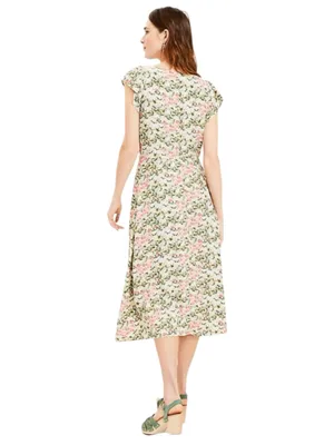 Loft Agave Floral Cap Sleeve Sweetheart Neckline Button Down Midi Dress Size 4 thumbnail 2