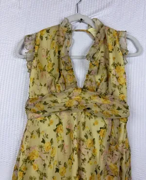 Lulus Yellow Floral Chiffon Ruffle Maxi Dress Sleeveless High Low V-Neck Small thumbnail 1