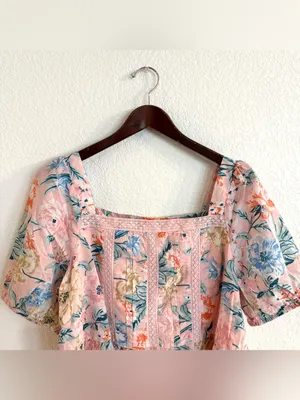 Loft Womens Shirt Blouse Pink Floral Short Sleeve Lace Detail Size XL thumbnail 3