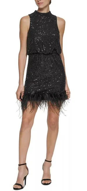 Eliza J Sequined Feather Hem Mini Dress Party Glam Mockneck Cocktail US 8 NWT thumbnail 1