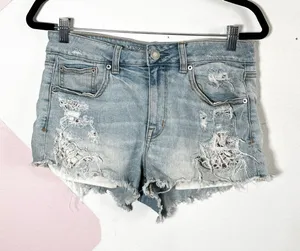 American Eagle Distressed Denim Shorts Size 10 Lace Underlay Light Wash Cut Offs thumbnail 1