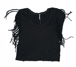 Free People Cotton Modal Ultra Soft Stretch Fringe Tassel Detail Black Tee Shirt thumbnail 1