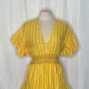 SAYLOR Yellow Metallic Striped Dress Fluttery Smocked Mini Gold Party Medium thumbnail 3