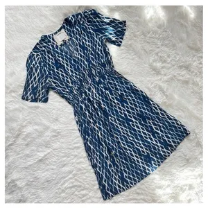Anthropologie HD IN PARIS Blue White Diamond Printed Smocked Mini Dress Size 4 thumbnail 1