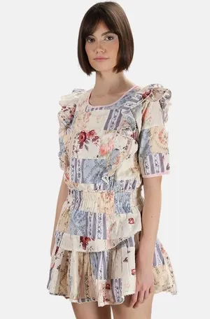 Loveshackfancy Pink and Floral Cotton Patchwork Natasha Ruffle Mini Dress medium thumbnail 1