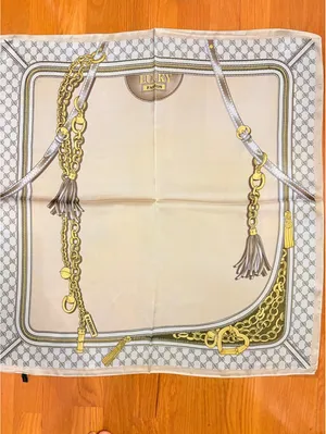 Elegant Beige Square Scarf with Gold Chain and Tassel Design, Lightweight thumbnail 3