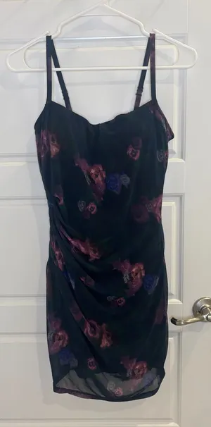 Popilush Floral Mesh Ruched Bodycon Mini Dress Black M thumbnail 1