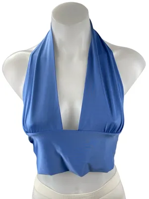 Princess Polly Blue Sleeveless Halter Plunge Neck Tie Back Crop Tank Top Size 4 thumbnail 1