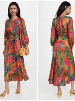 Farm Rio Urban Jungle Midi Dress Womens Small Orange Green Excellent Cutout thumbnail 4