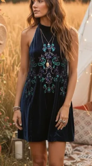 Free People Velvet Embroidered Halter Mini Dress Navy Blue Floral Sequin thumbnail 1