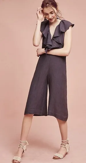 MARIA STANLEY Gray Linen Blend Cascada Cropped Ruffle Jumpsuit Size XS NWOT thumbnail 1